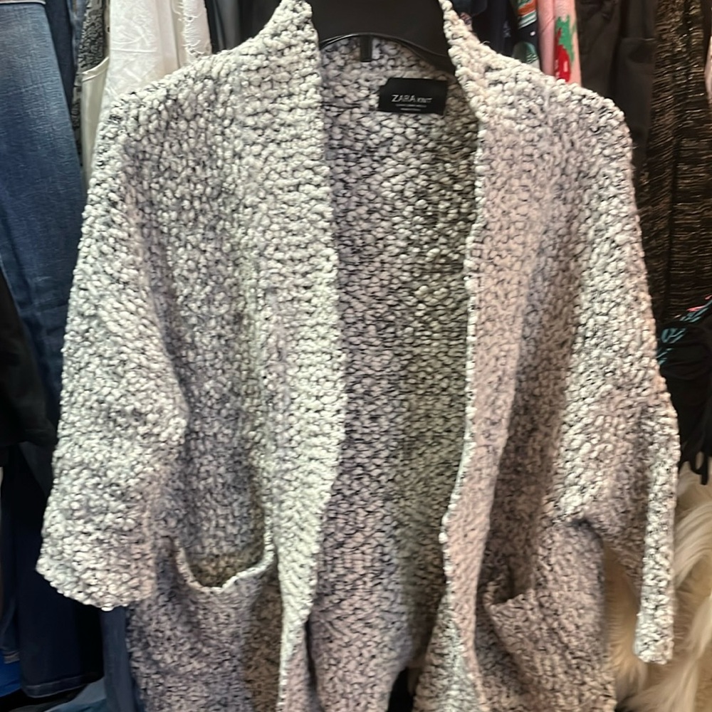 Found it! ❤️Zara Knit Sweater Black White Fuzzy Boucle Open Front Cardigan M/L